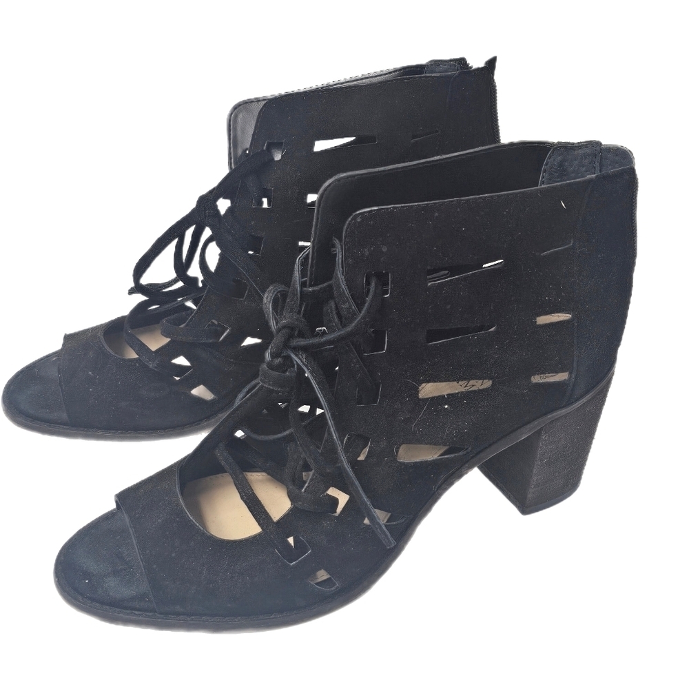 Vince Camuto Tressa Black Suede Perforated Peep Toe Lace Up Booties Womens 8M US